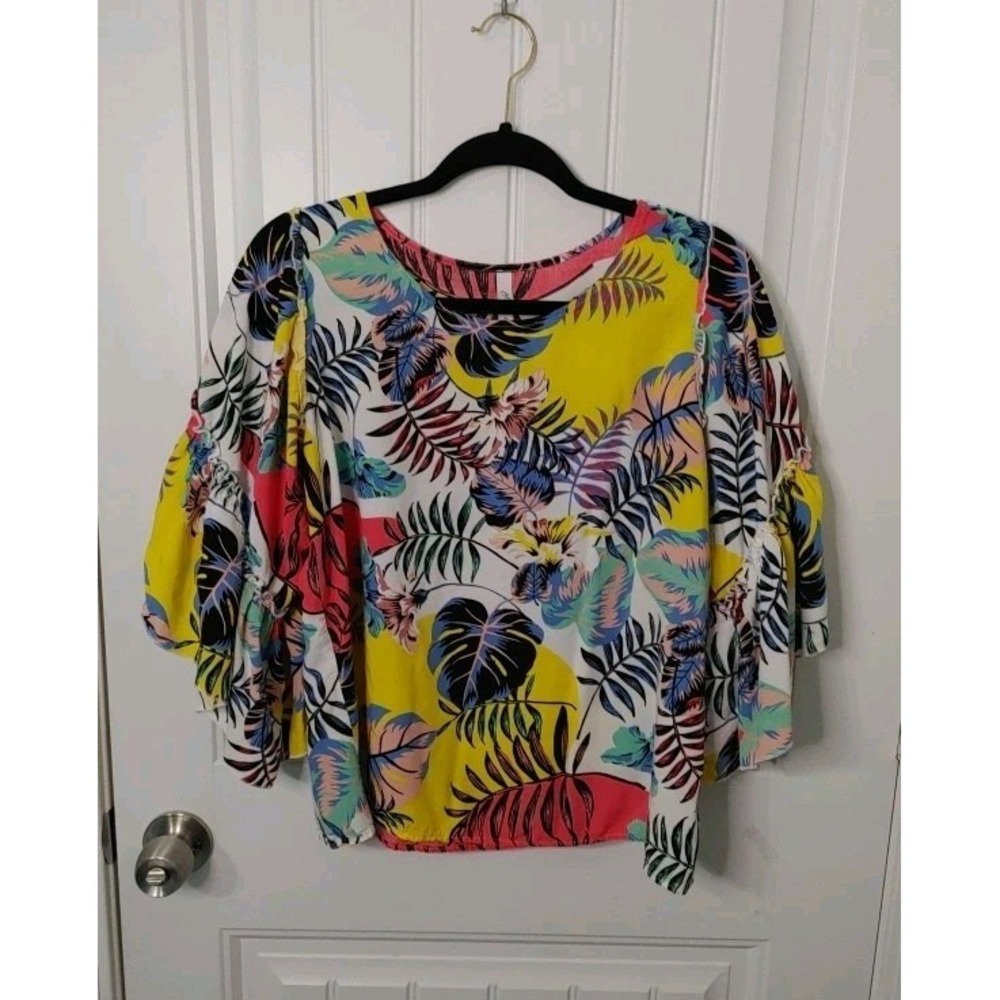G Collection Tropical Floral Ruffle Bell Sleeve Blouse Yellow Pink Blue Large